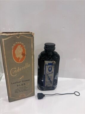 Vintage Cinderella leather cream blue shoe polish complete box bottle dauber